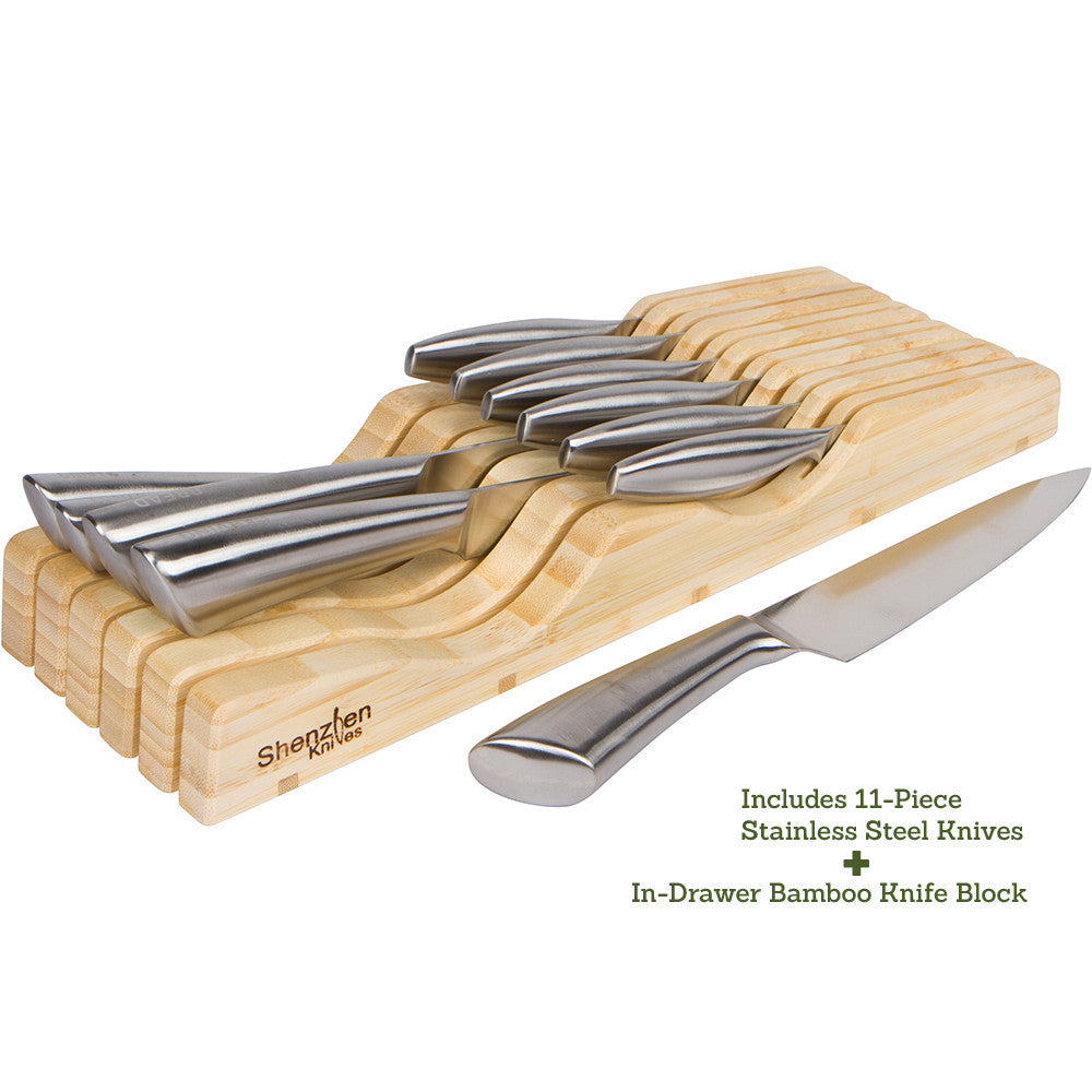 11 Piece Stainless Steel Kitchen Knife Set With In Drawer Bamboo