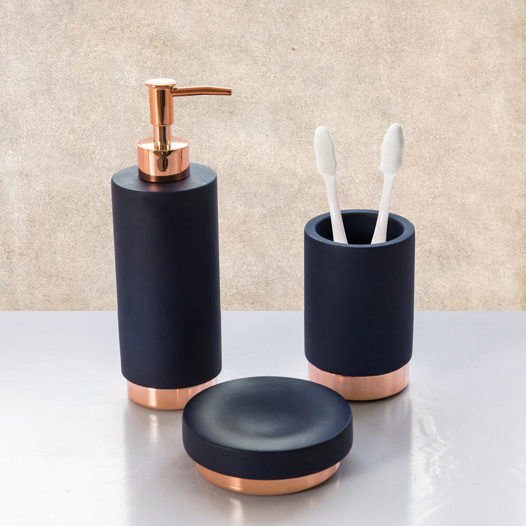 navy and copper bathroom accessories