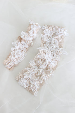 Hayley Paige sequined dress blush collection, lace blush wedding garters, garter set with lace and pearls