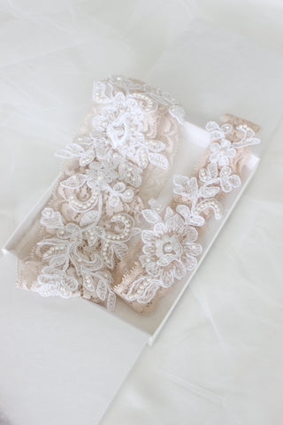 bespoke garter, lace garter,custom garter hayley page blush sequined dress bespoke headpiece