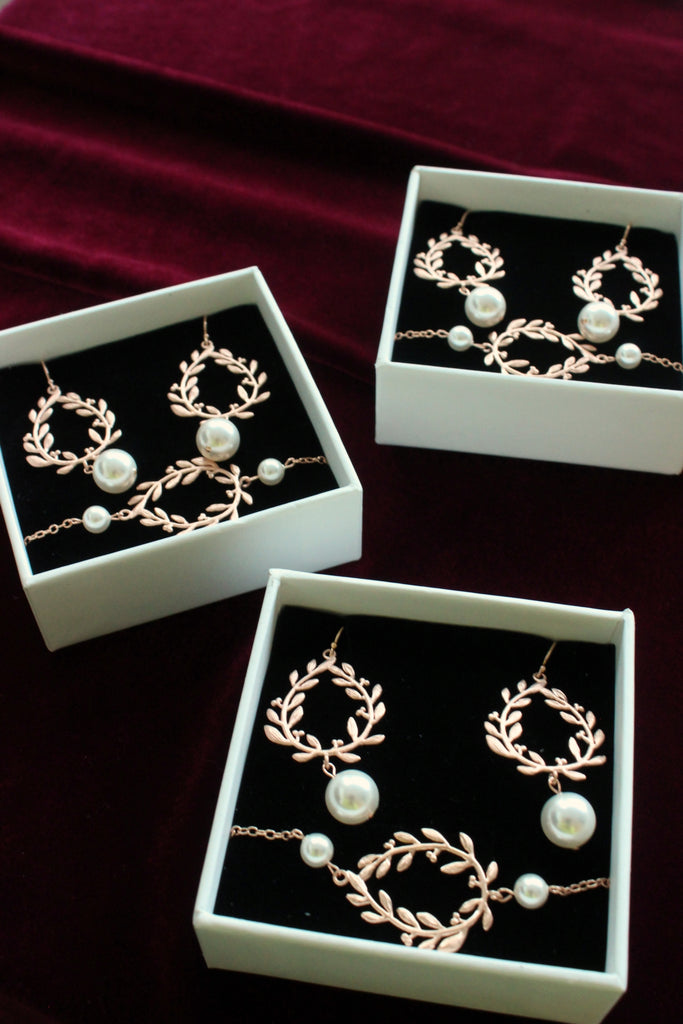 rose gold earrings, rose gold bridesmaid jewellery, wedding jewellery, rose gold bridal bracelets, leaf jewellery, nature wedding