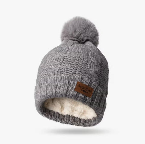 Silver Metallic Knit Faux Fur Pom Hat