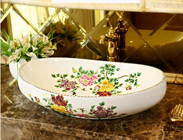 Oval Bathroom Lavabo Ceramic Counter Top Wash Basin Cloakroom Hand Painted Vessel Sink 5032