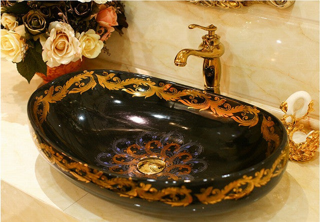 Oval Bathroom Lavabo Ceramic Counter Top Wash Basin Cloakroom Hand Painted Vessel Sink 5049