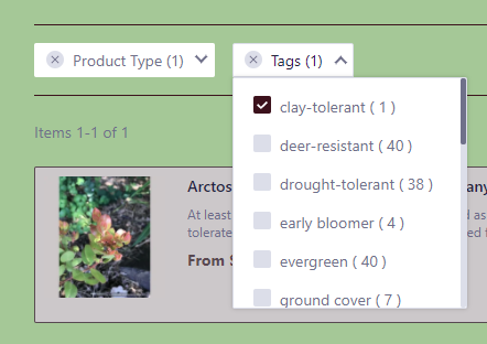 Search results: Product Type and Tag selected