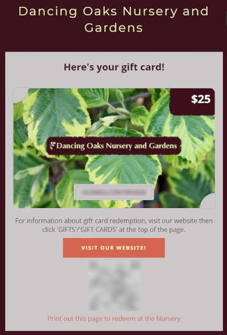 Dancing Oaks Nursery - Gift Card Webpage