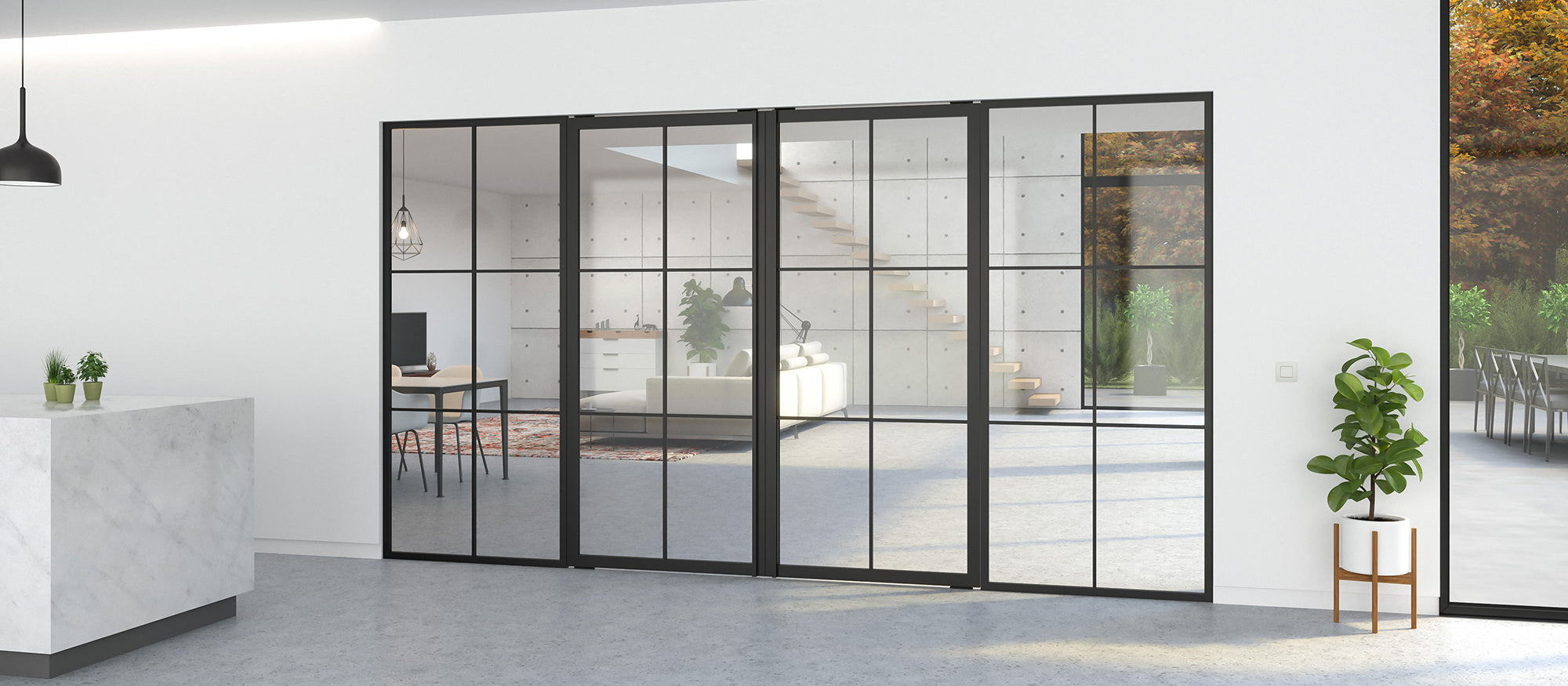 Double pivot door with fixed partitions