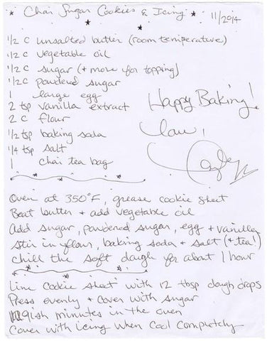 Taylor Swift's Chai Sugar Cookie recipes in her own handwriting.