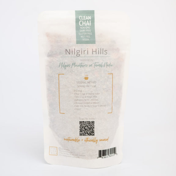 Back of Nilgiri Hills loose leaf tea blend bag. Great for brewing with stovetop method or steeping method. Shop Online.