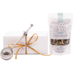 The Chai Box Parsi Dream Gift Set for tea lovers. Includes a bag of Parsi Dream Chai loose leaf tea blend and a tea steeper.