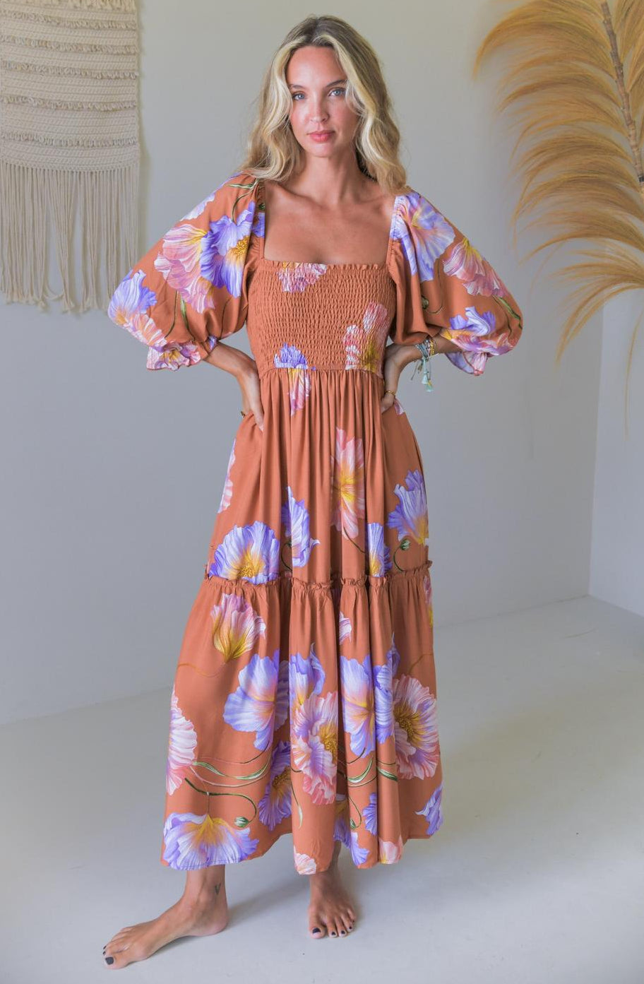 Jaase Tulli Midi Dress with Shirred Bodice Pockets Puff Sleeve - Amara Bloom - Style House Fashion Jaase Jaase