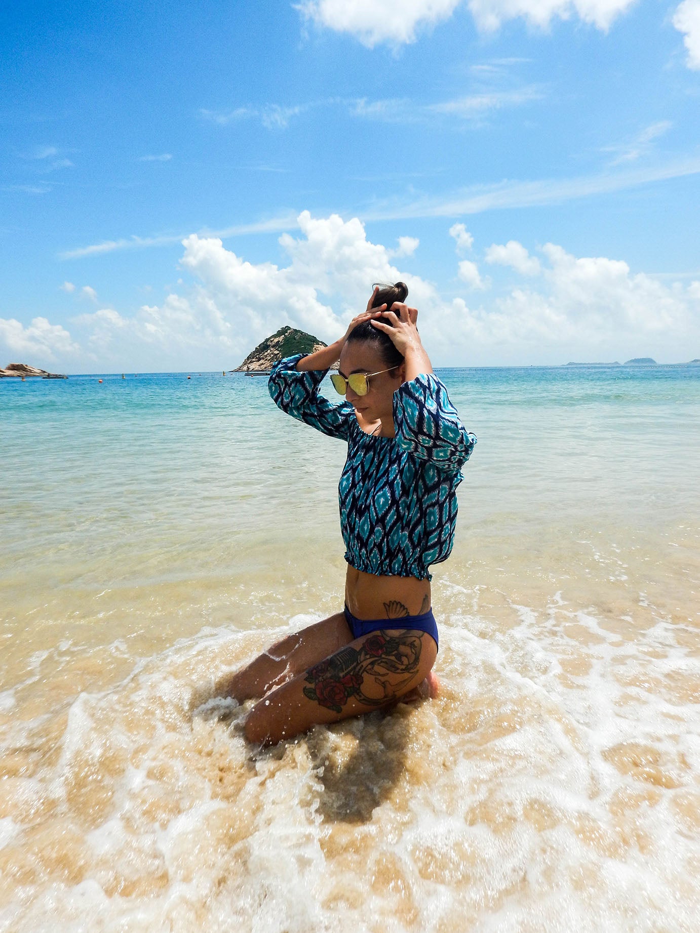 Blue Ikat off shoulder top, bohemian resortwear - Aanya Hong Kong