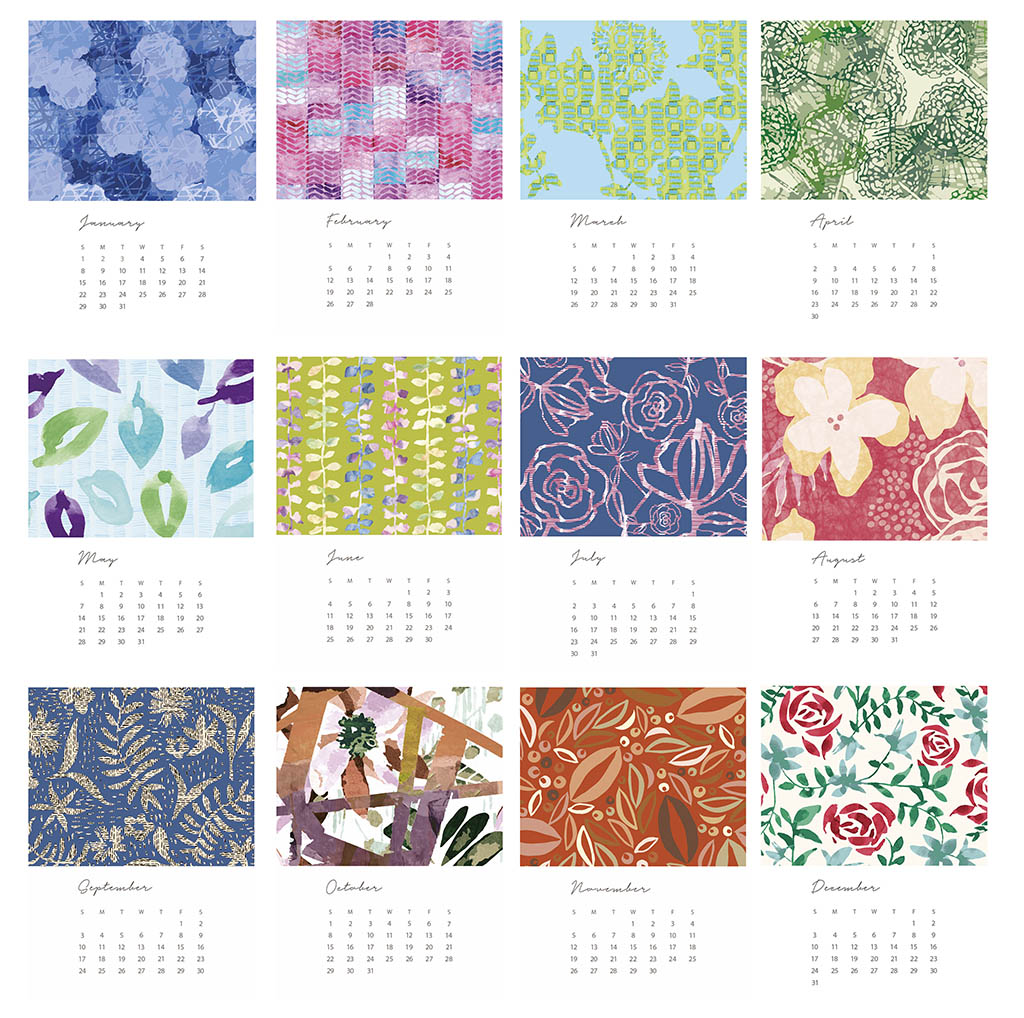 All twelve 2023 calendar pages from Jenny Bova's Desk Calendar. Each month features a different pattern or artwork with the days and dates of each month below the art. 