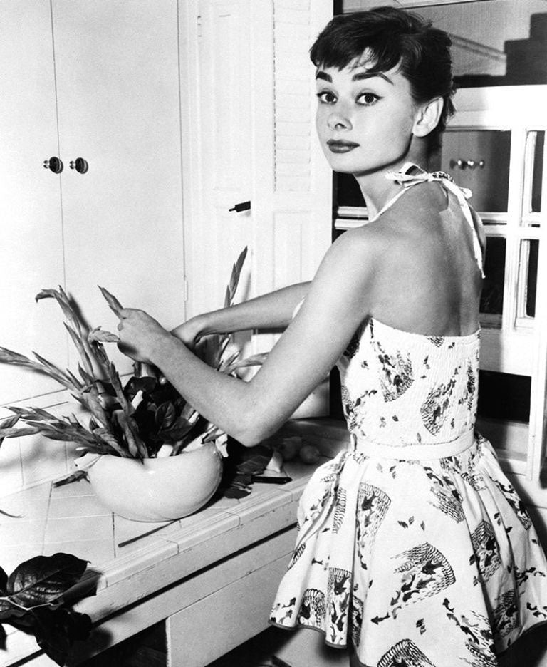 Audrey Hepburn casual image in printed dress