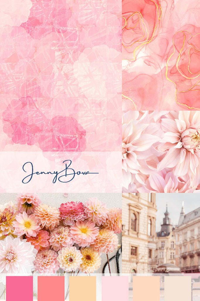 A collage of images featuring pinks and off white. One image is an abstract design by Jenny Bova. Other images are floral and buildings in Paris. A series of solid color blocks is across the bottom, and the Jenny Bova logo is on the left. the format is a rectangle