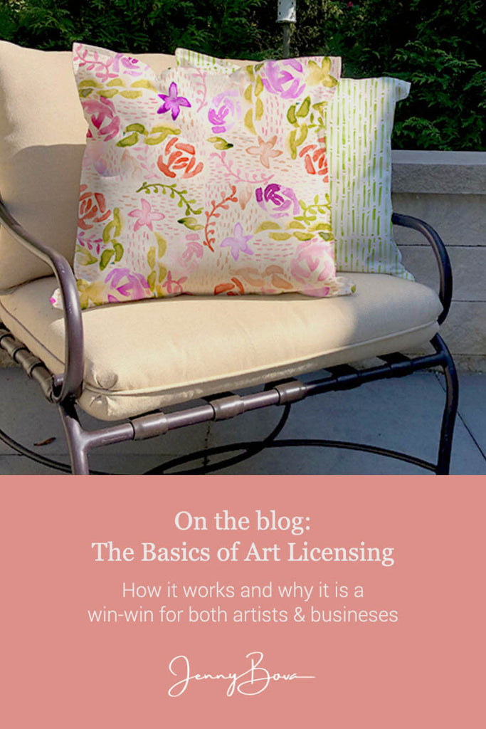 Image of printed cushions with floral and striped designs on an outdoor chair. The chair is brown with beige cushions. The two decorative pillows are on top. Below the image is a solid coral colored box with text in white "The Basics of Art Licensing Explained" and the Jenny Bova logo.