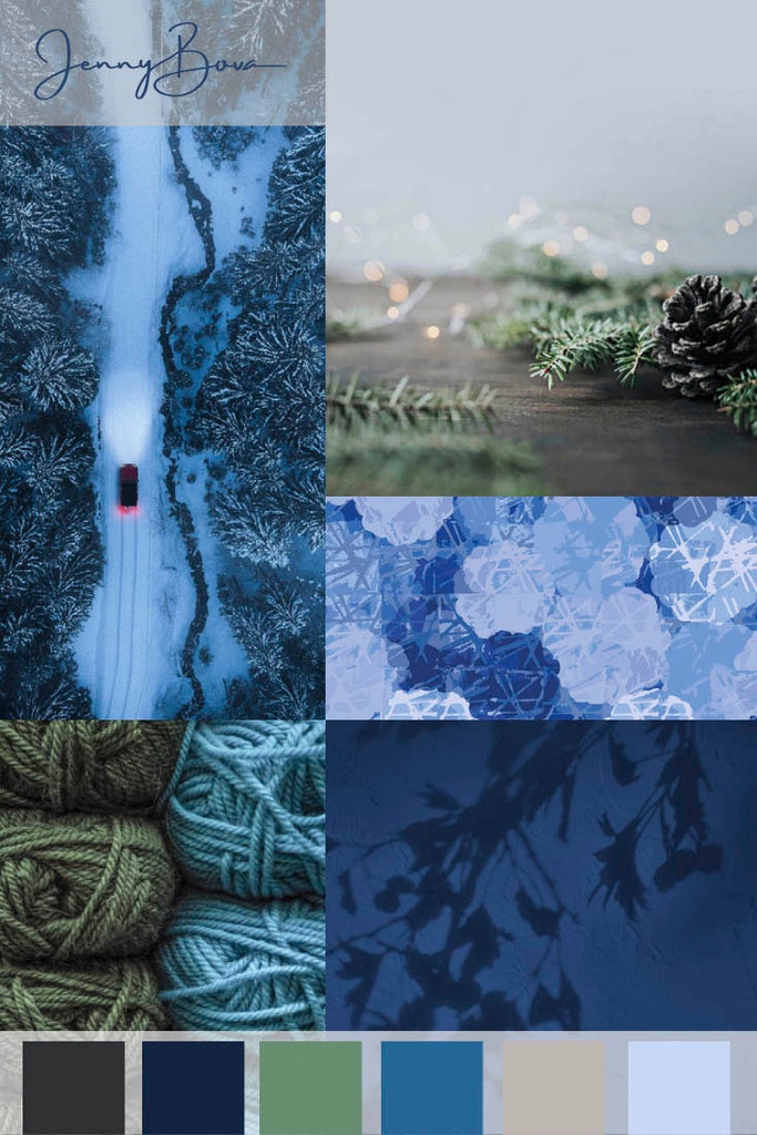 collage of images with blue and green including pine branches, a snow covered road, a surface pattern by Jenny Bova, leaves silhouetted on a dark ground. The jenny bova logo is on the top left. Color swatches are along the bottom