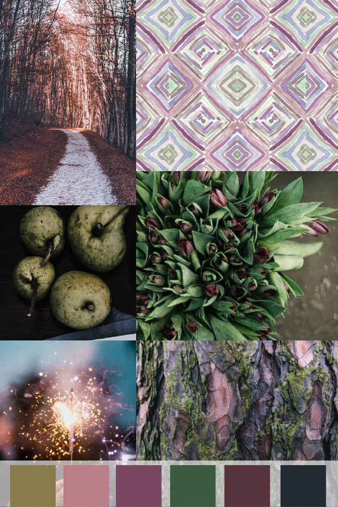 Compiled images of muted holiday colors. Images are of Jenny Bova's surface pattern design, nature walks, fruit, flowers and a row of color blocks showing colors in the images above. 