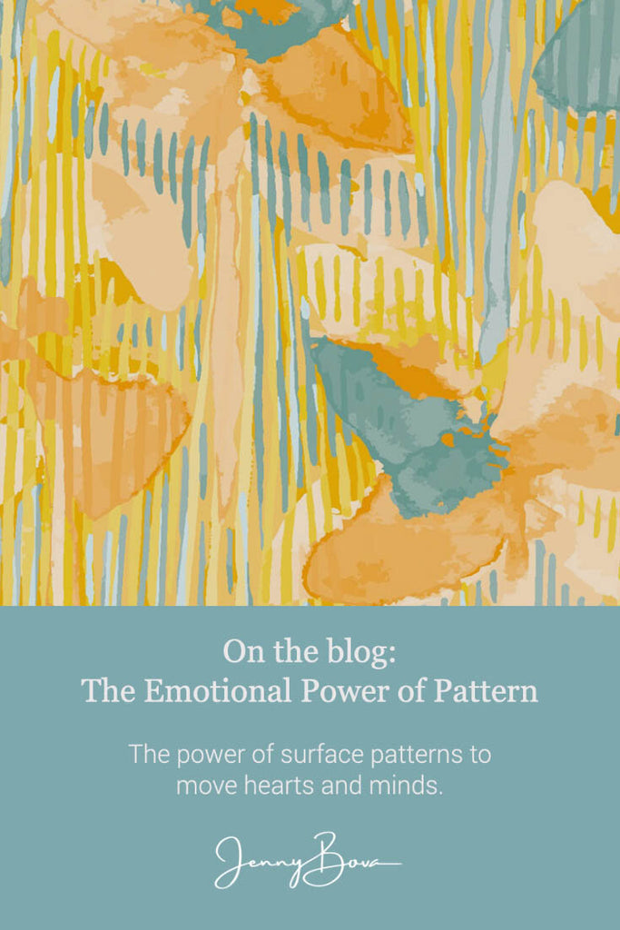 Painted image of flowers in an abstract design with stripes between and around them. The flowers and stripes are yellow, blue, cream, and orange. The Jenny Bova logo is on the lower right. Below the painting is a solid blue box with white text saying "On the blog: The Emotional Power of Patterns" with the Jenny Bova logo below. 