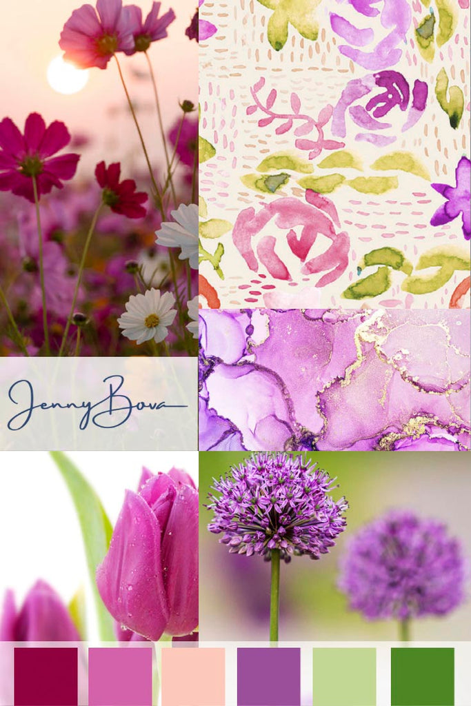 A collage of images featuring pink, green, and purple. One images is a floral pattern design by Jenny Bova, one is a texture, and the others are flowers. A series of solid color blocks is across the bottom, and the Jenny Bova logo is on the left