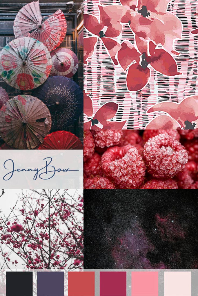 color mood and inspiration board with images of deep purple, charcoal, and shades of red. Collage contains artwork by jenny bova, the jenny bova logo, and rights free images. At the bottom are color blocks. 