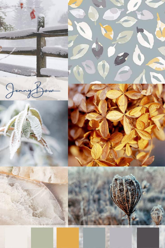 Compiled images of snow on leaves and flowers, snow on a split rail fence, surface pattern design by jenny bova with cool colored leaves scattered, faded hydrangea bloom, and six color blocks