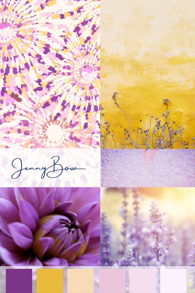 A collage of images featuring purples and yellows. One image is a tie-dye style textile design by Jenny Bova. Other images are florals in various shades of purple with yellow backgrounds