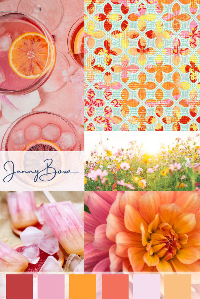 summer solstice mood board featuring a geometric repeat pattern and rights-free images of flowers and food