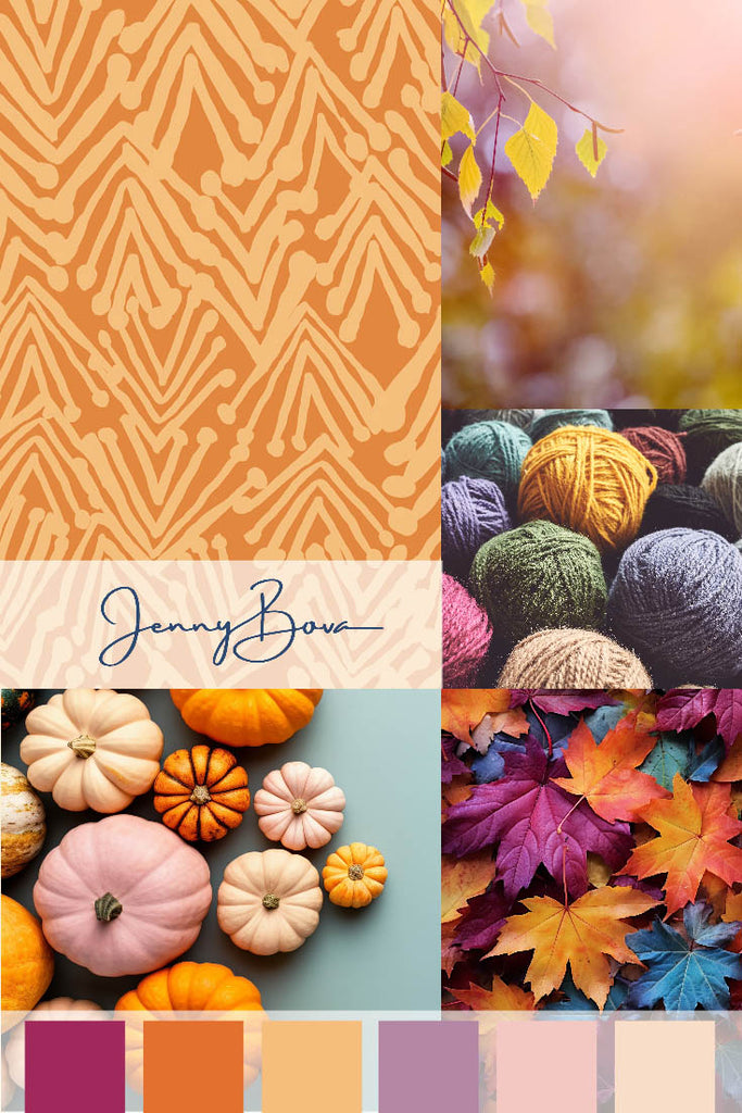 color inspiration board with color blocks, images of colorful pumpkins, leaves, and a repeat geometric pattern by jenny bova
