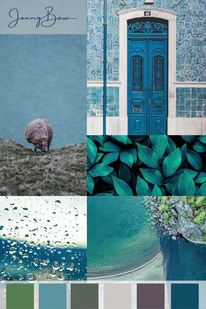 teal, silver, and muted brown mood board with 5 collaged images and color blocks below