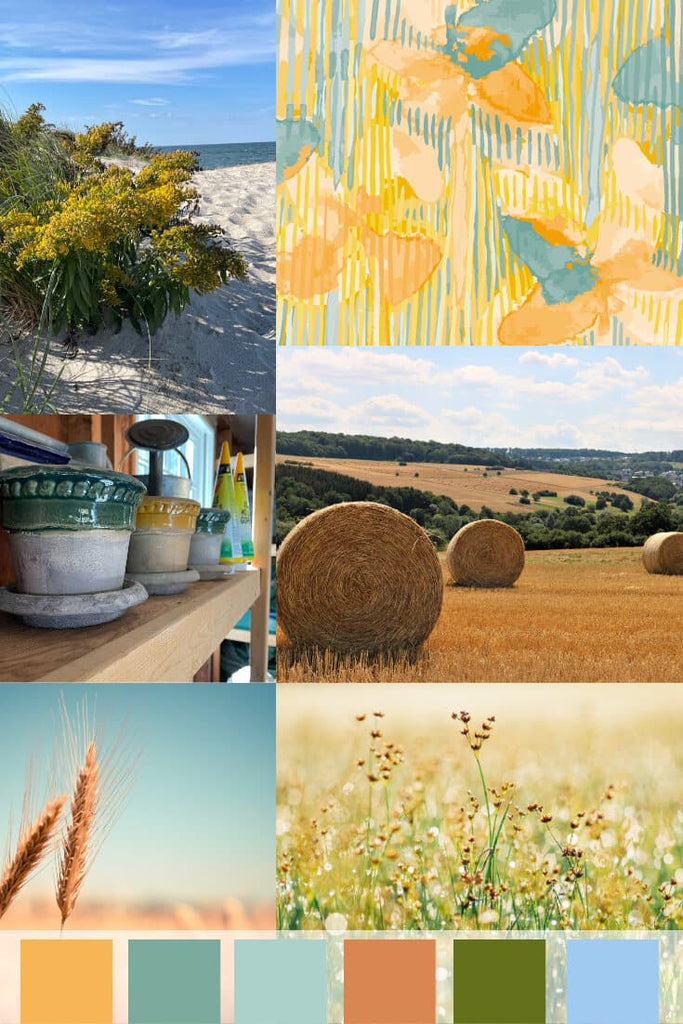 Compilation of images with color blocks below. Images are late summer fall inspired: hay bales, garden pots, flowers at the end of the season, and wheat stocks. On the upper right is a surface pattern design by Jenny Bova. Colors are yellow, aqua, terra cotta, green, and blue.  