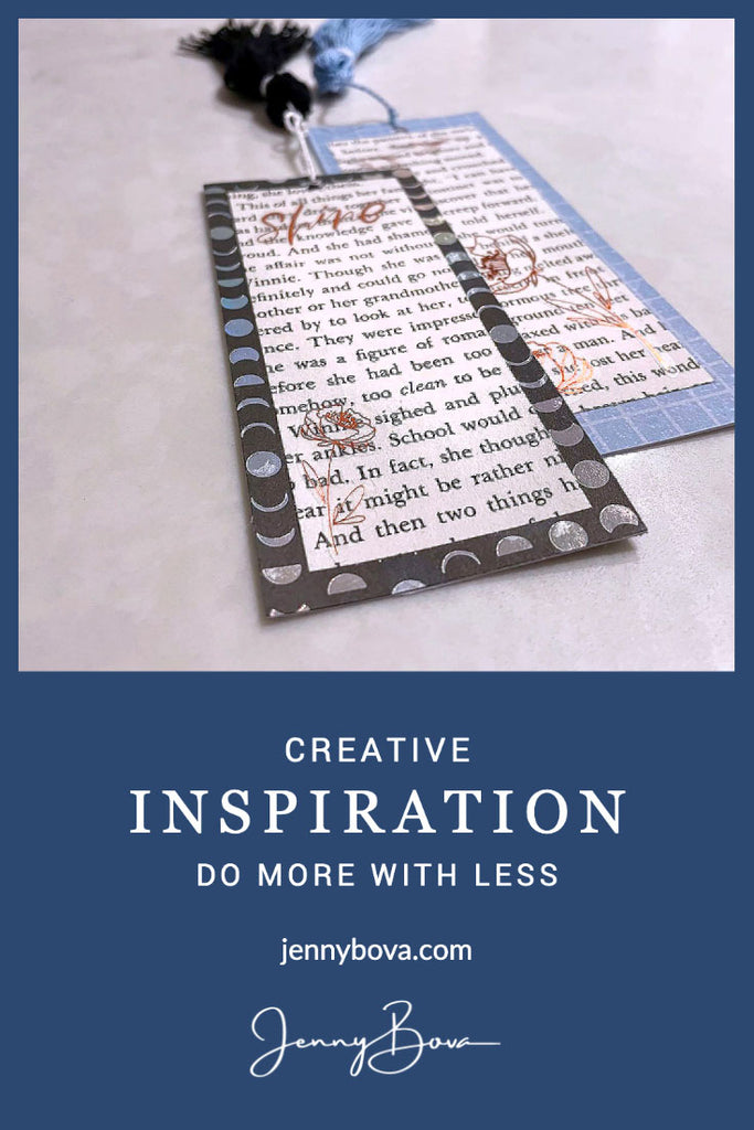 Image of bookmarks on a white ground. Below is white text on a blue background and the words "Creative Inspiration. Do More With Less"