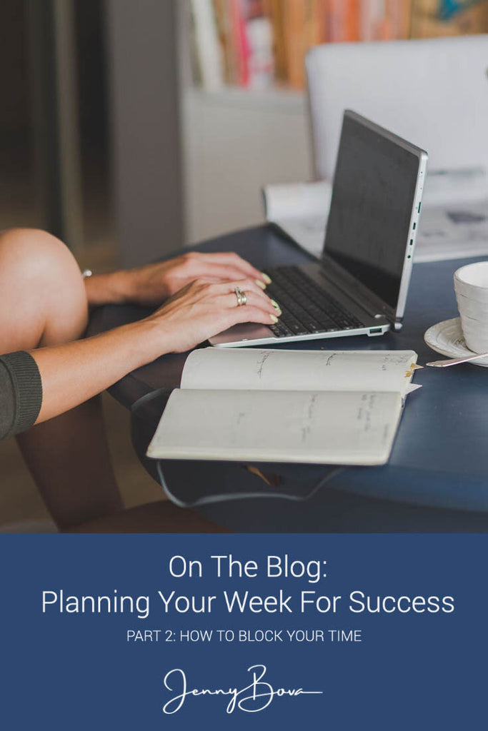 Image of a woman typing on a laptop computer with a notebook next to her. She has both hands on the keyboard and her knee leaning against the desk. Below the image is a solid blue block with white text saying "On the blog: planning your week for success".