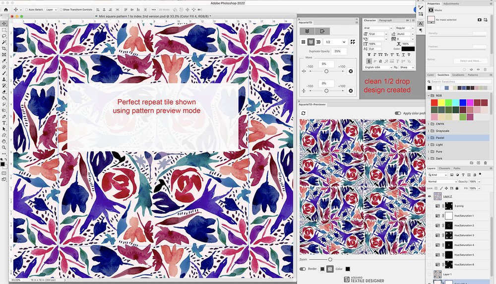 image of colorful pattern with aquario textile designer interface in photoshop
