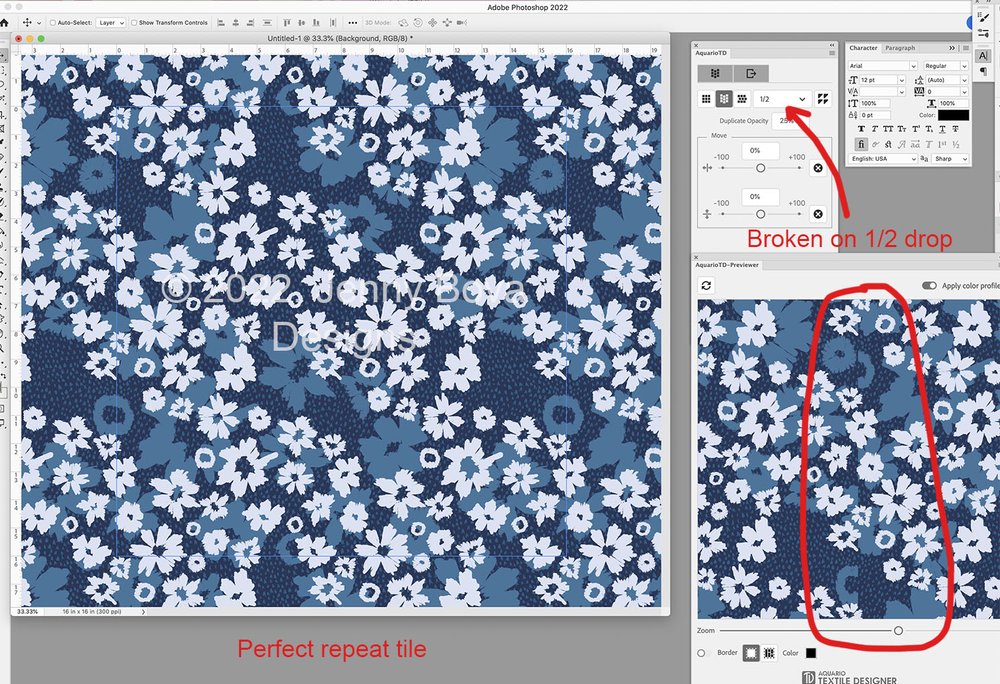 image of blue floral patten in photoshop with aquario textile designer plug in running. Image shows issue with half drop repeats