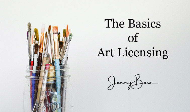 Image of a jar full of used paint brushes on a white background. Next to the jar of brushes is the text "The Basics of Art Licensing" and the Jenny Bova logo.