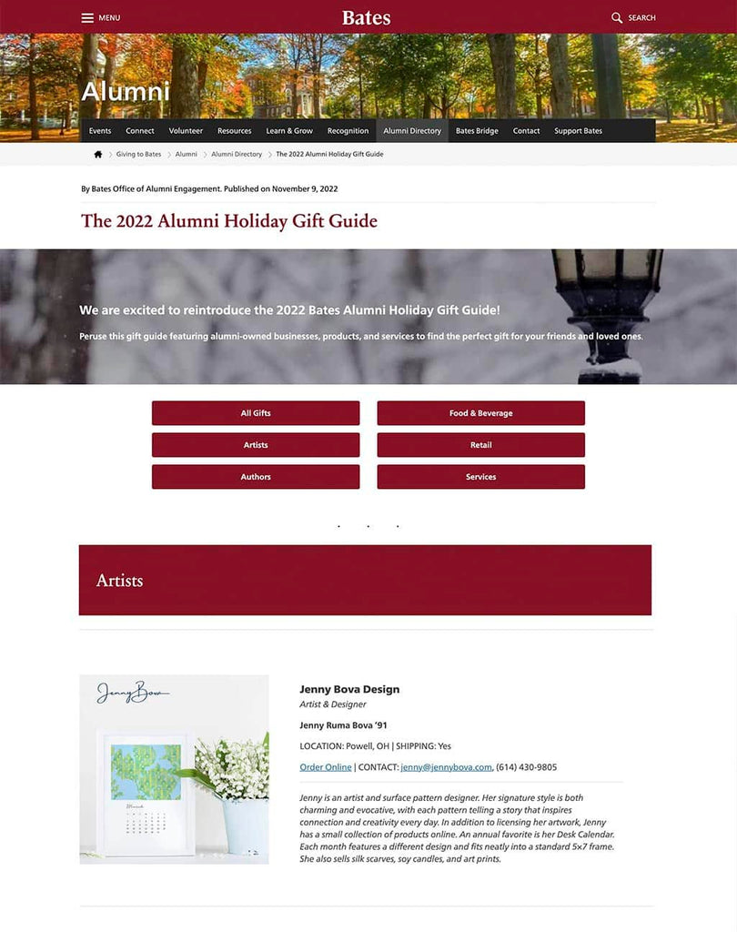 Image of Bates College 2022 Gift Guide on the Bates alumni web page. Artists tab is shown with Jenny Bova listing below. 