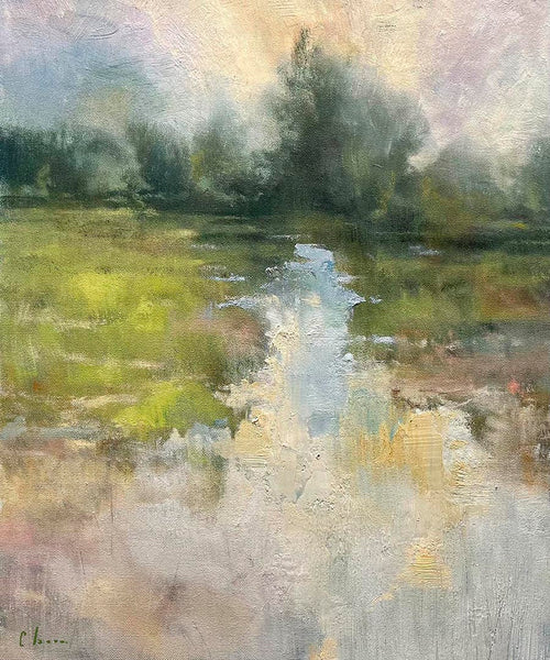 Tonalist landscape oil painting by midwest artist Clint Bova depicting an open field with a flooded area receeding into the treeline. 