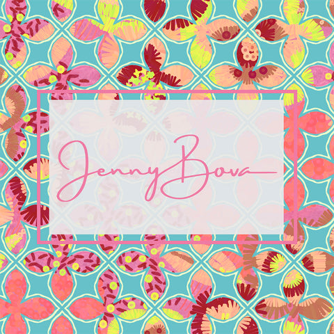 detailed geometric pattern with the jenny bova logo above it