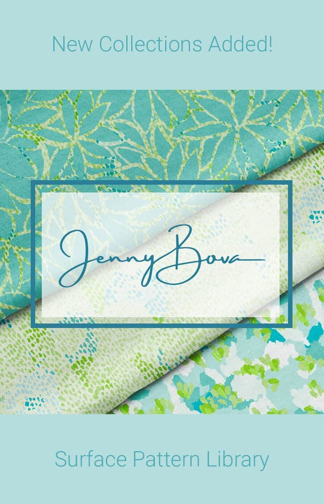 Image of 3 printed fabrics folded on top of each other. The prints are designed by Jenny Bova and are aqua, blue, white and chartreuse floral designs. The Jenny Bova logo is on top of the image. Above and below are the words "New Collections Added. Surface Pattern Library"