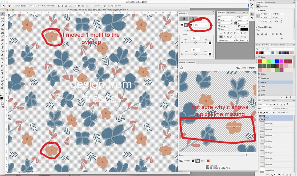 image of photoshop and aquario textile designer plug-in. notes on screen are in red