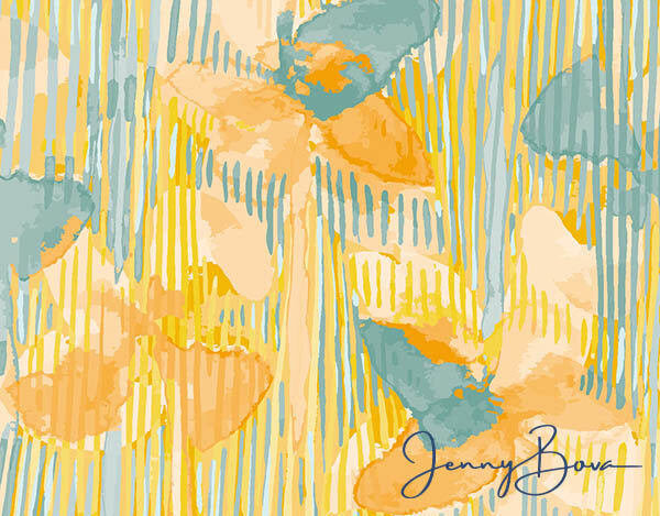 Painted image of flowers in an abstract design with stripes between and around them. The flowers and stripes are yellow, blue, cream, and orange. The Jenny Bova logo is on the lower right. 