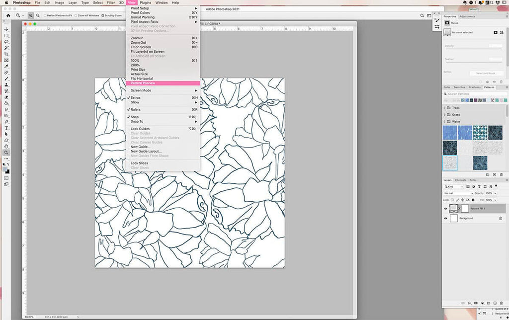 image of adobe photoshop in pattern preview mode. Jenny Bova's artwork is shown on the screen