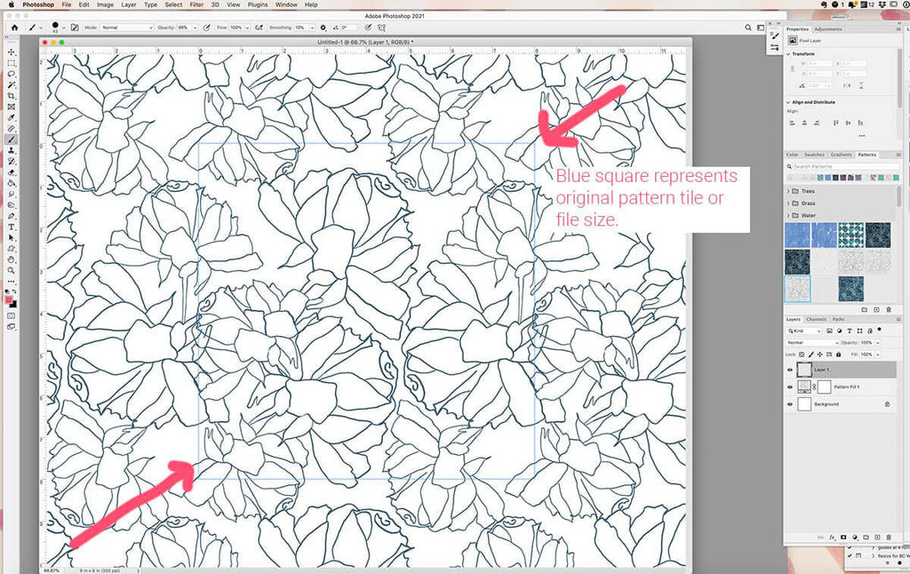Image of pattern preview feature in Adobe Photoshop. Jenny Bova's artwork is shown in repeat and there are red arrows showing the bounding box of the repeat tile