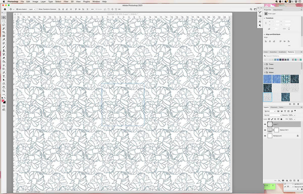 Image showing Jenny Bova's artwork in repeat using Adobe Photoshop with the pattern preview feature. The artwork is zoomed out so the repeat can be seen