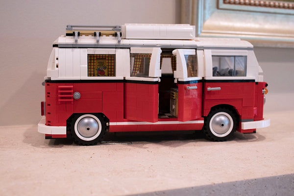 red and white lego VW bus