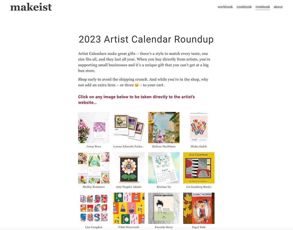 makeist web page showing 2023 Artists Calendar Roundup Blog Post