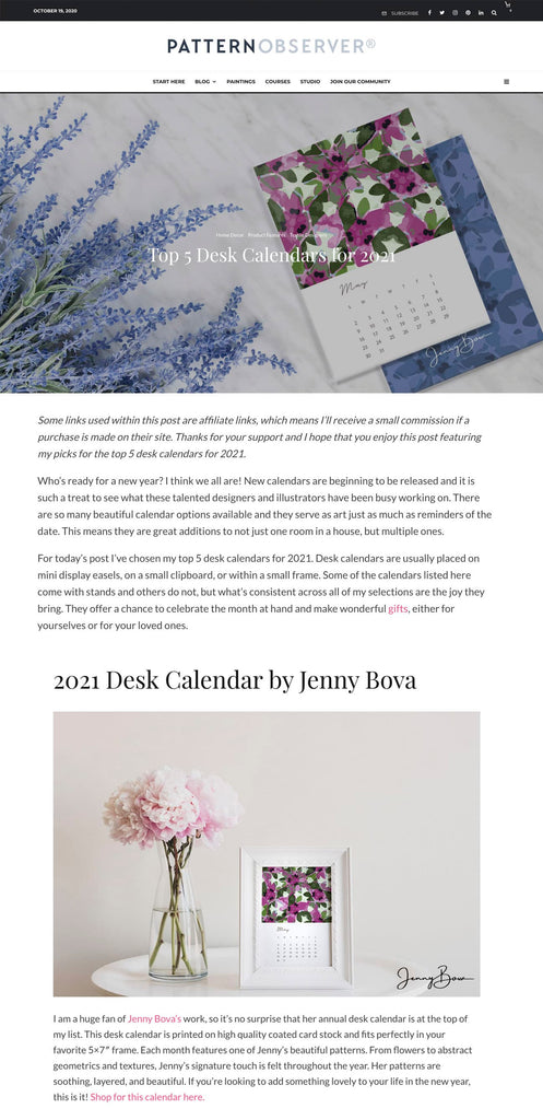 image of jenny bova's annual calendar featured on the pattern observer blog