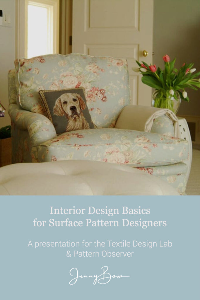 image of an upholstered chair with a golden retriever pillow on it. The chair has a floral pattern in light blue. In the foreground is a cream colored ottoman. On the left is a small chest stacked with books. On the right is a vase of tulips. Below the image is a light blue box with white text "Interior Design Basics for Surface Pattern Designers"