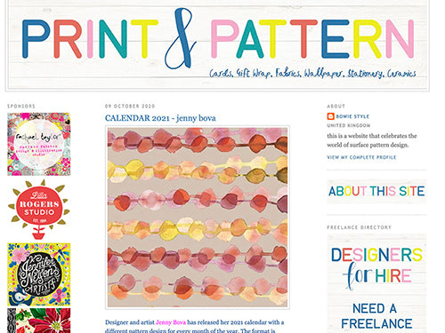jenny bova's 2021 calendar on the front page of the print and pattern blog